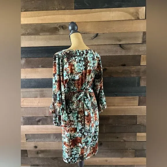 Betsey Johnson Set Shirt & Skirt Medium Brown Green Geometric Bell Sleeve Top - Picture 11 of 13